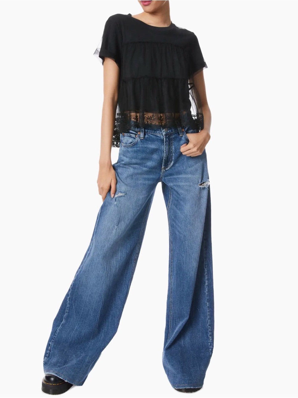 Alice + Olivia Dreema Emboridered Tulle t-shirt Black Lace-Trim top